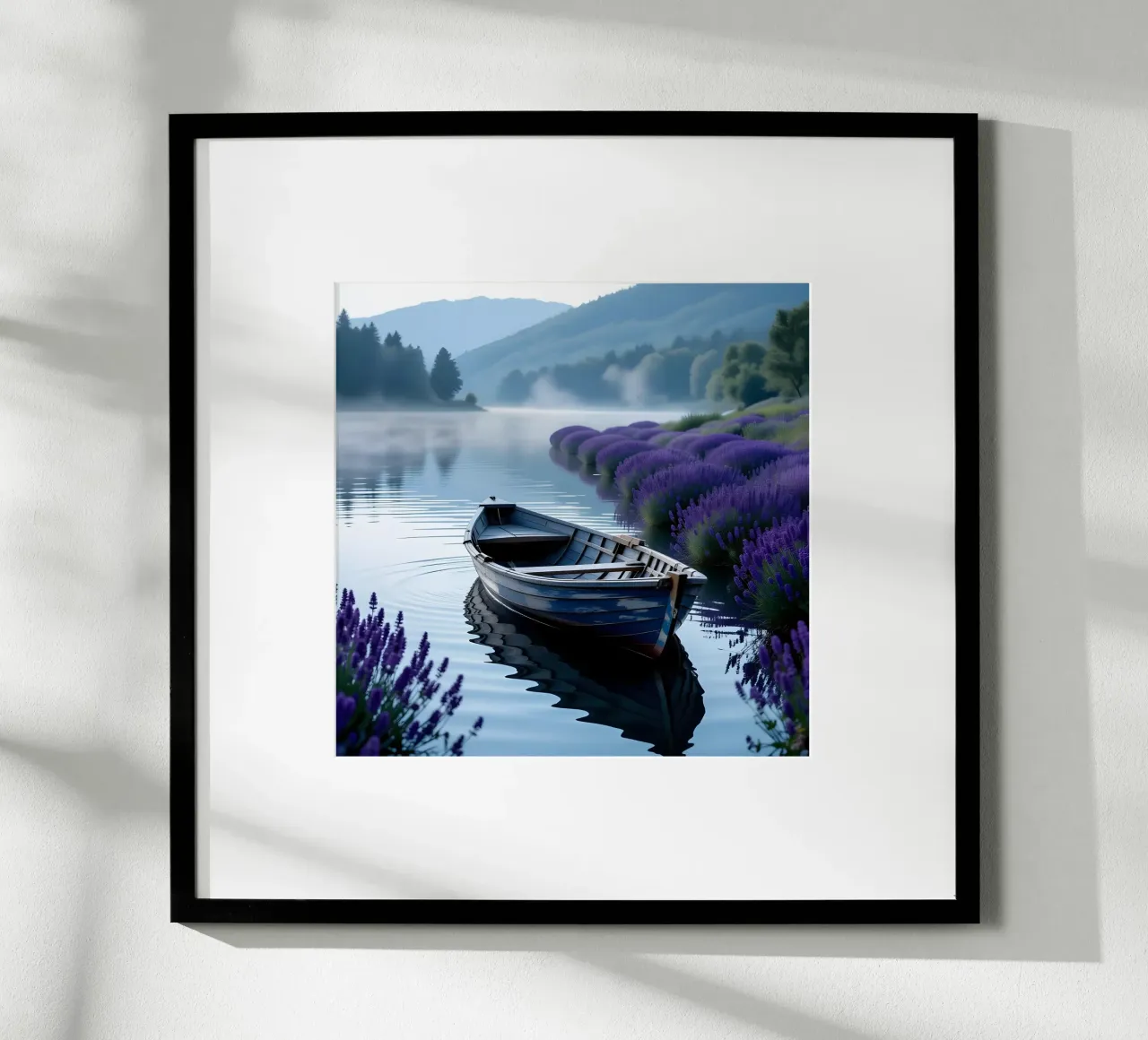 Barca sul lago delle nebbie poster con telaio in plastica da Anita's Dream