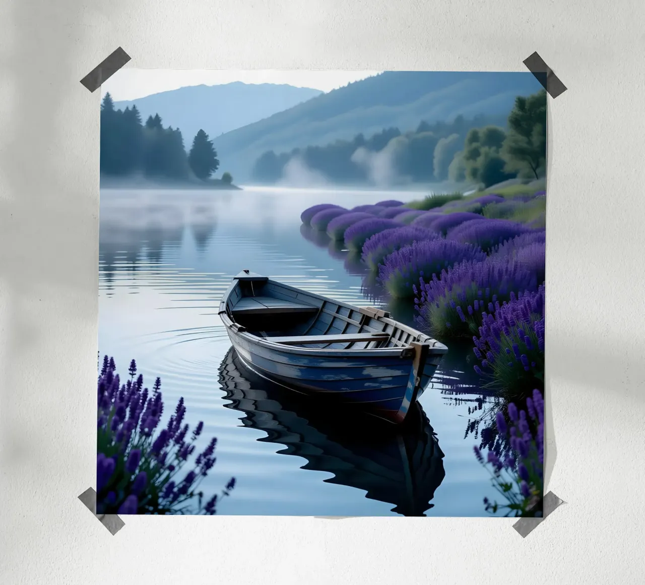 Barca sul lago delle nebbie poster con telaio in plastica da Anita's Dream