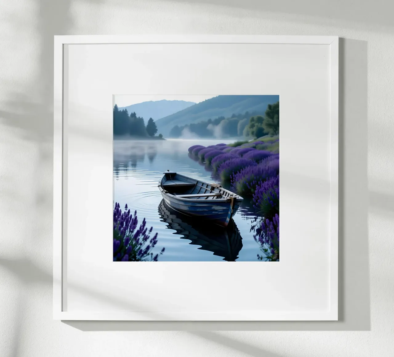 Barca sul lago delle nebbie poster con telaio in plastica da Anita's Dream