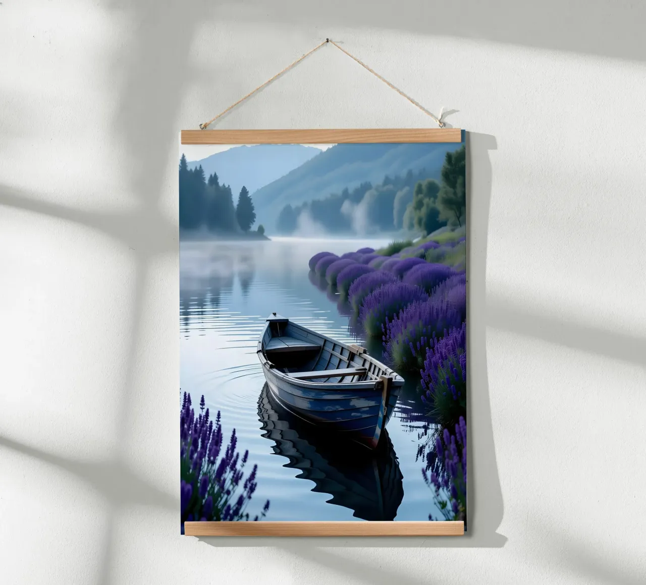 Barca sul lago delle nebbie poster con telaio in plastica da Anita's Dream