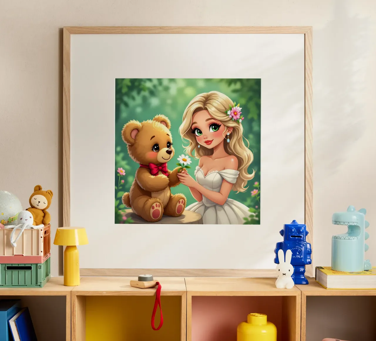 La principessa e l'orsacchiotto poster con telaio in alluminio da Anita's Dream