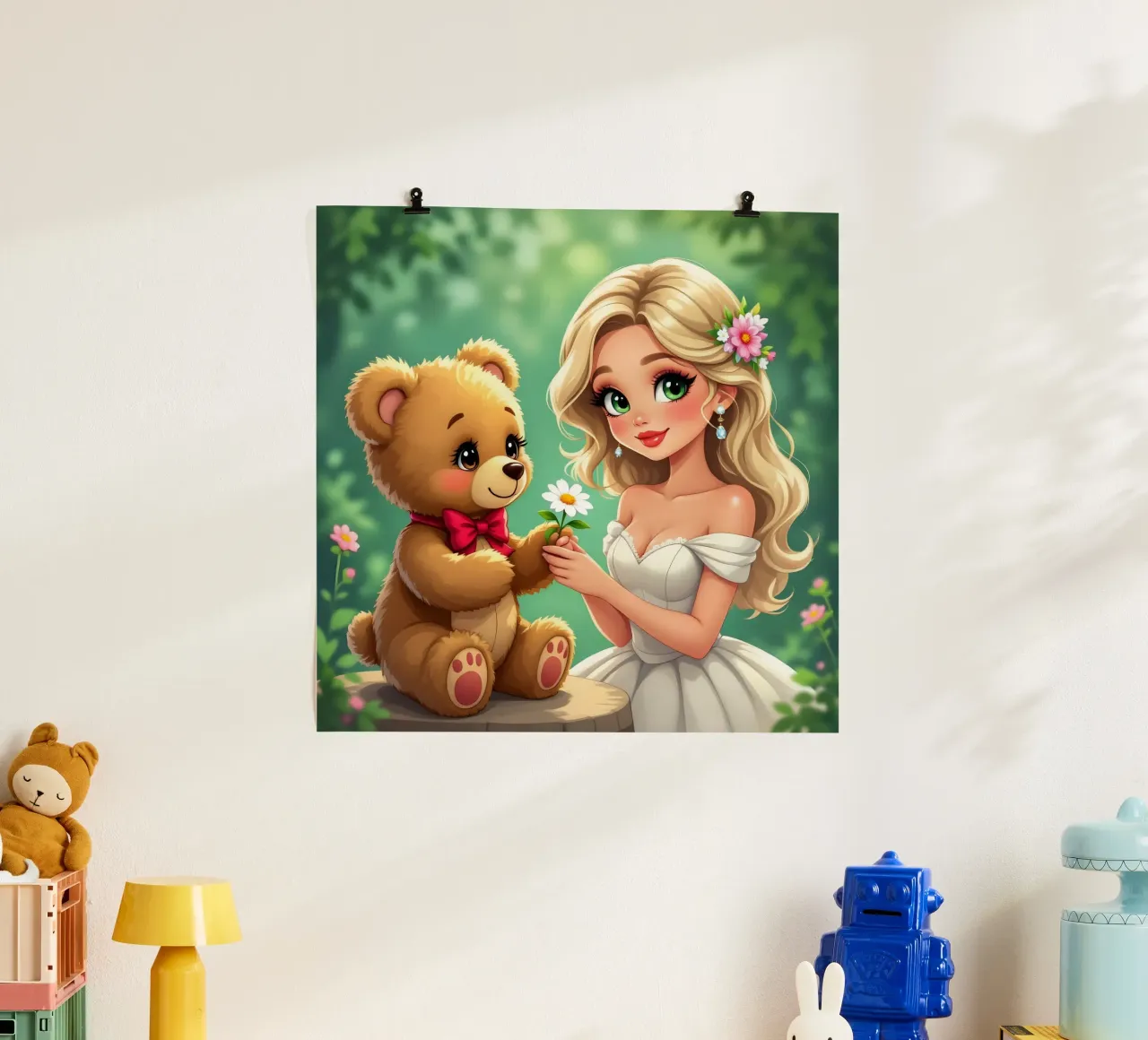 La principessa e l'orsacchiotto poster con telaio in alluminio da Anita's Dream