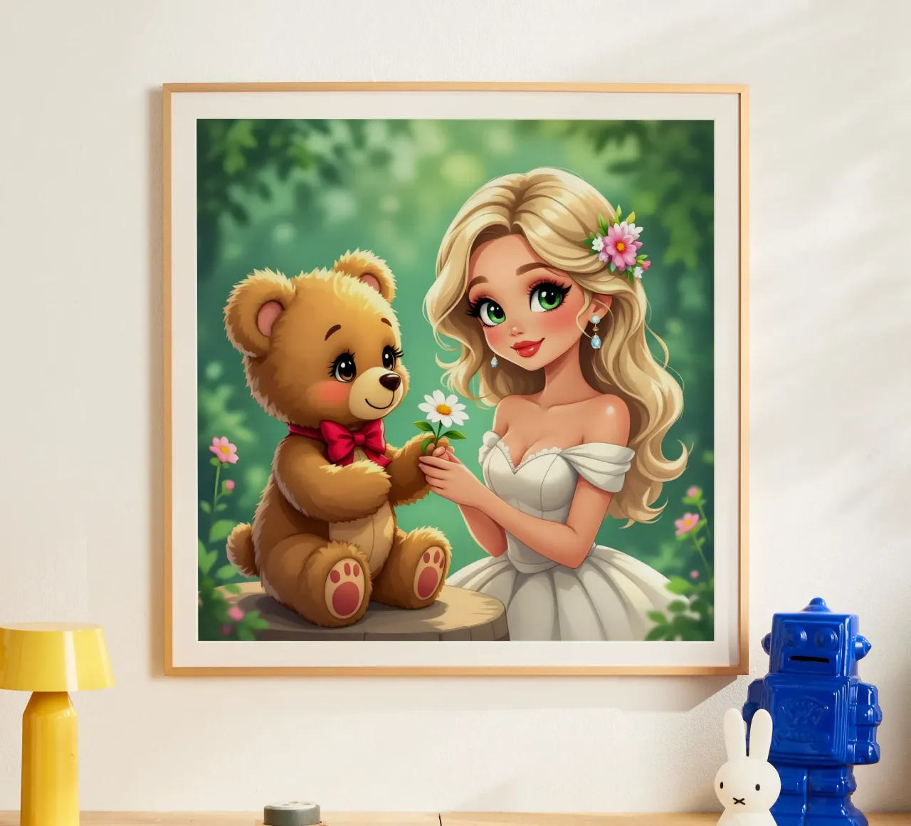 La principessa e l'orsacchiotto poster con telaio in alluminio da Anita's Dream