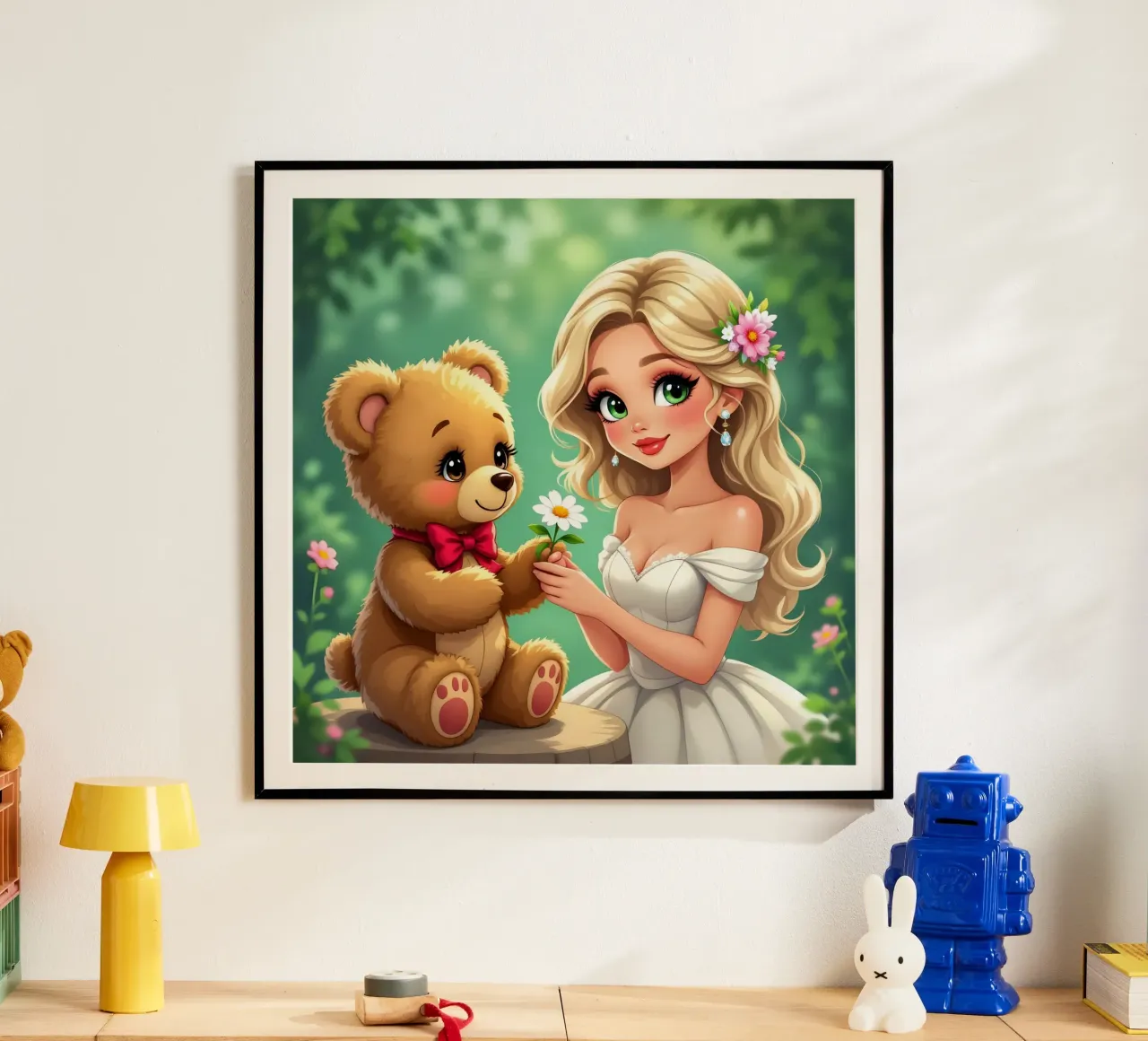 La principessa e l'orsacchiotto poster con telaio in alluminio da Anita's Dream