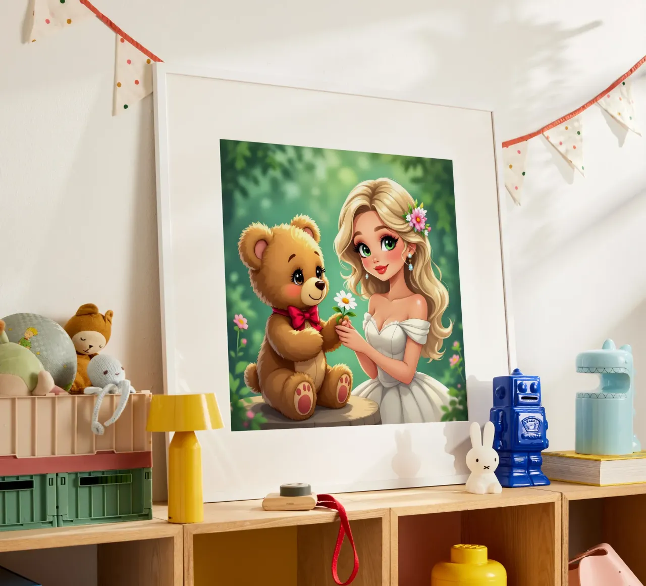 La principessa e l'orsacchiotto poster con telaio in alluminio da Anita's Dream