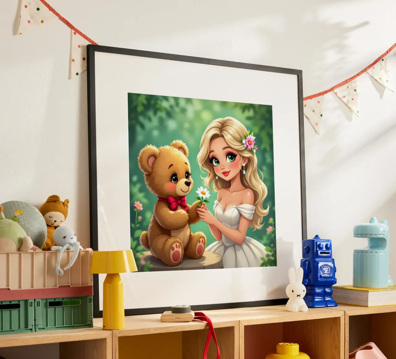 La principessa e l'orsacchiotto poster con telaio in alluminio da Anita's Dream