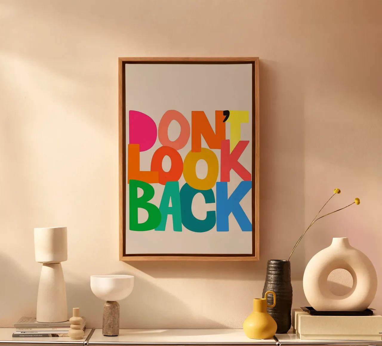 Kijk niet terug - Gedurfde en kleurrijke abstracte typografie Wal canvas met Baklijst van inspirational quote