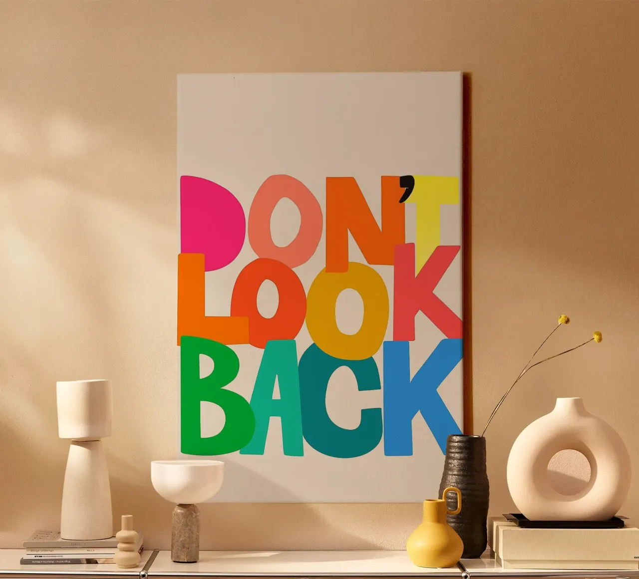Kijk niet terug - Gedurfde en kleurrijke abstracte typografie Wal canvas met Baklijst van inspirational quote