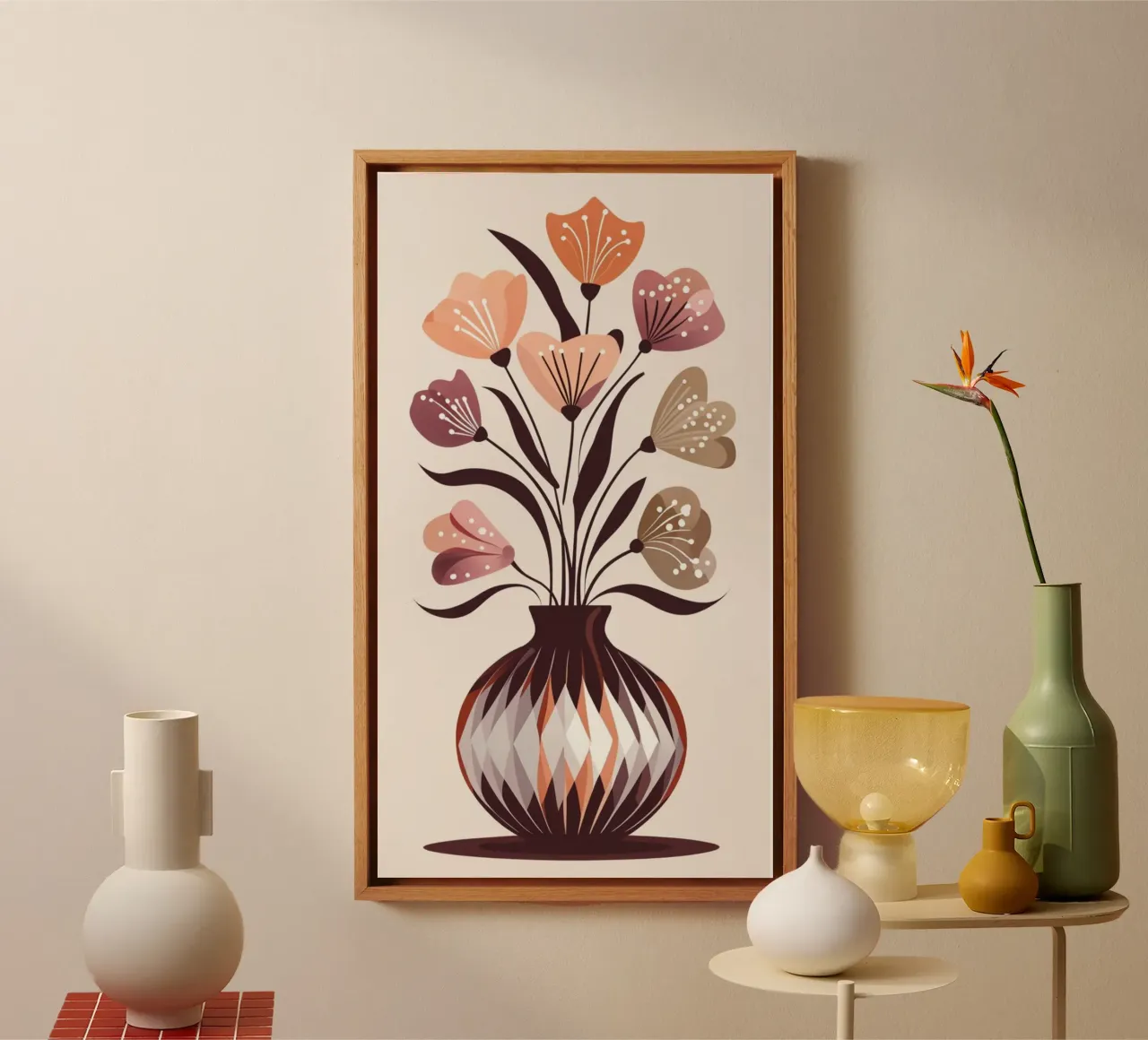 Boho Floral Harmony: A Mid-Century Modern Vases of Abstract canvas with Floater frame by Artistic-shop