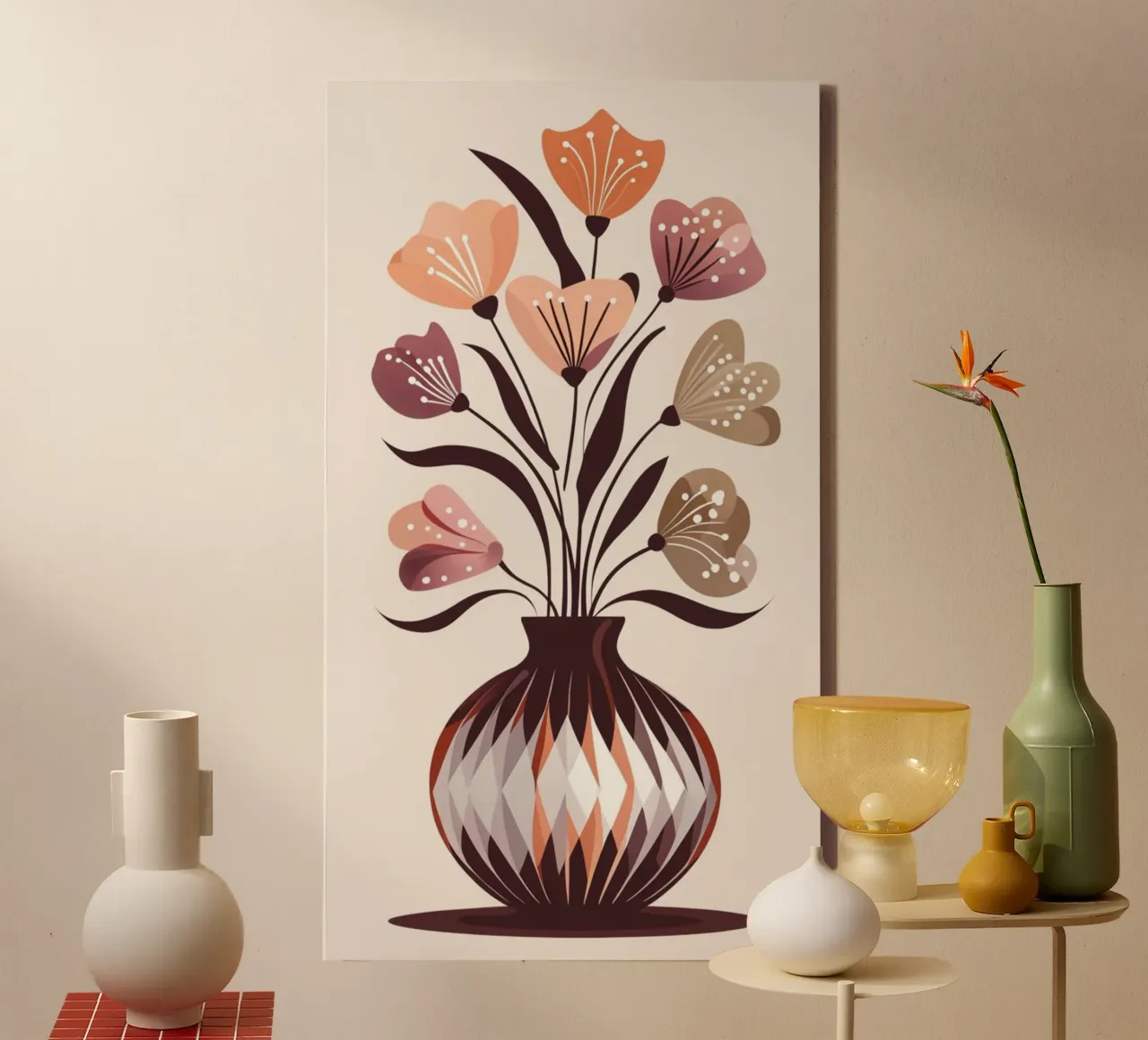 Boho Floral Harmony: A Mid-Century Modern Vases of Abstract canvas with Floater frame by Artistic-shop