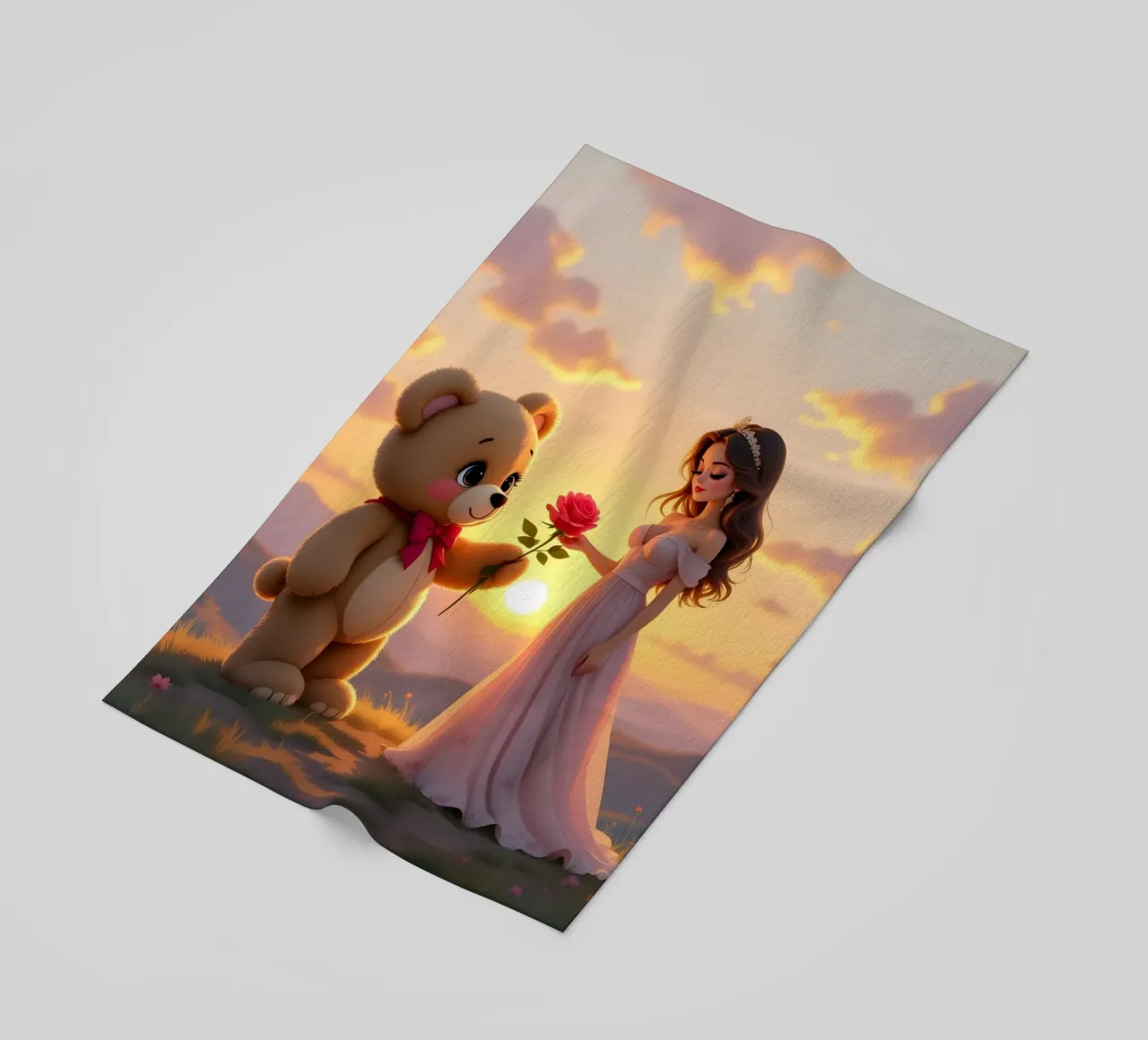 Princesa y Teddy regalando una rosa toalla de playa de Anita's Dream