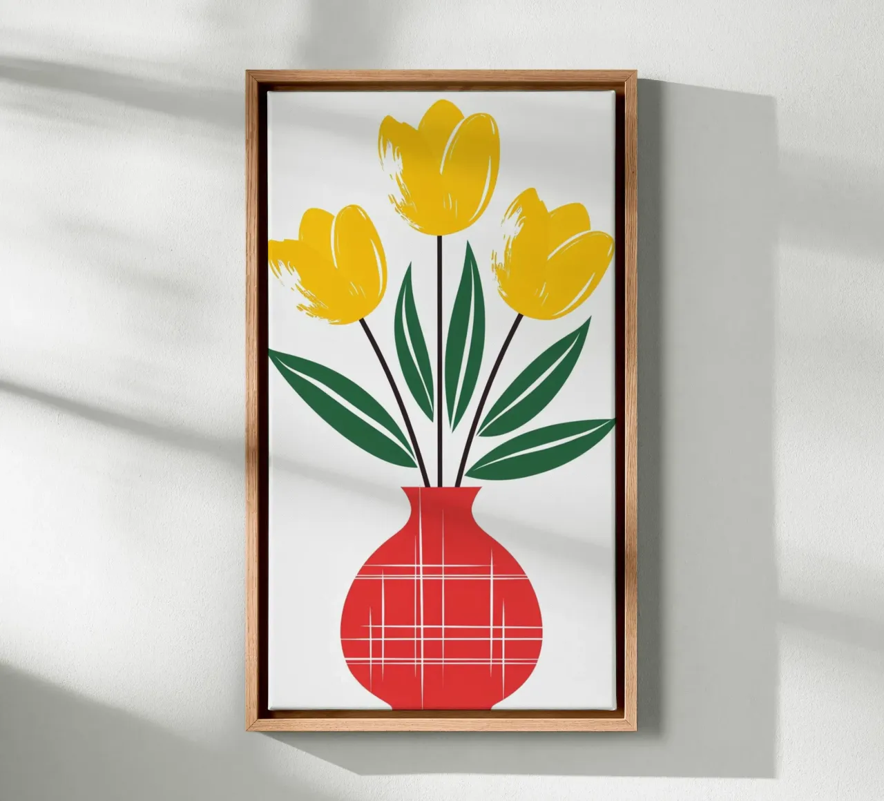 Tulipani gialli in un vaso a quadri rossi - Arte popolare moderna F tela con Cornice a cassetta da Artistic-shop