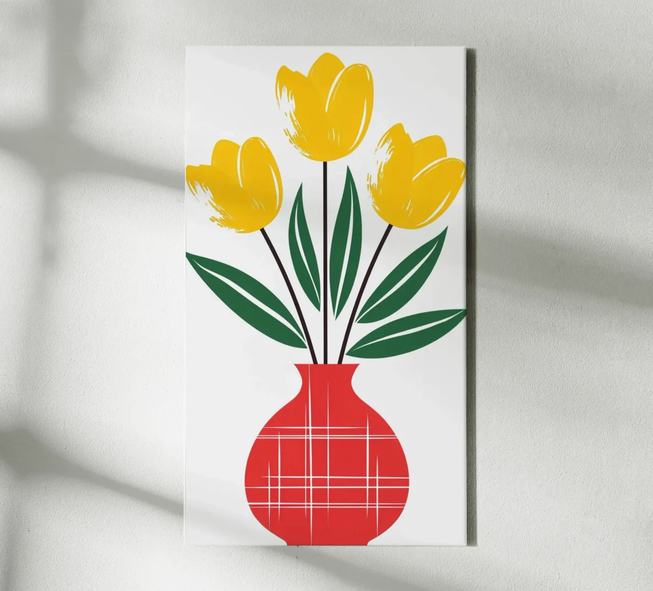 Tulipani gialli in un vaso a quadri rossi - Arte popolare moderna F tela con Cornice a cassetta da Artistic-shop
