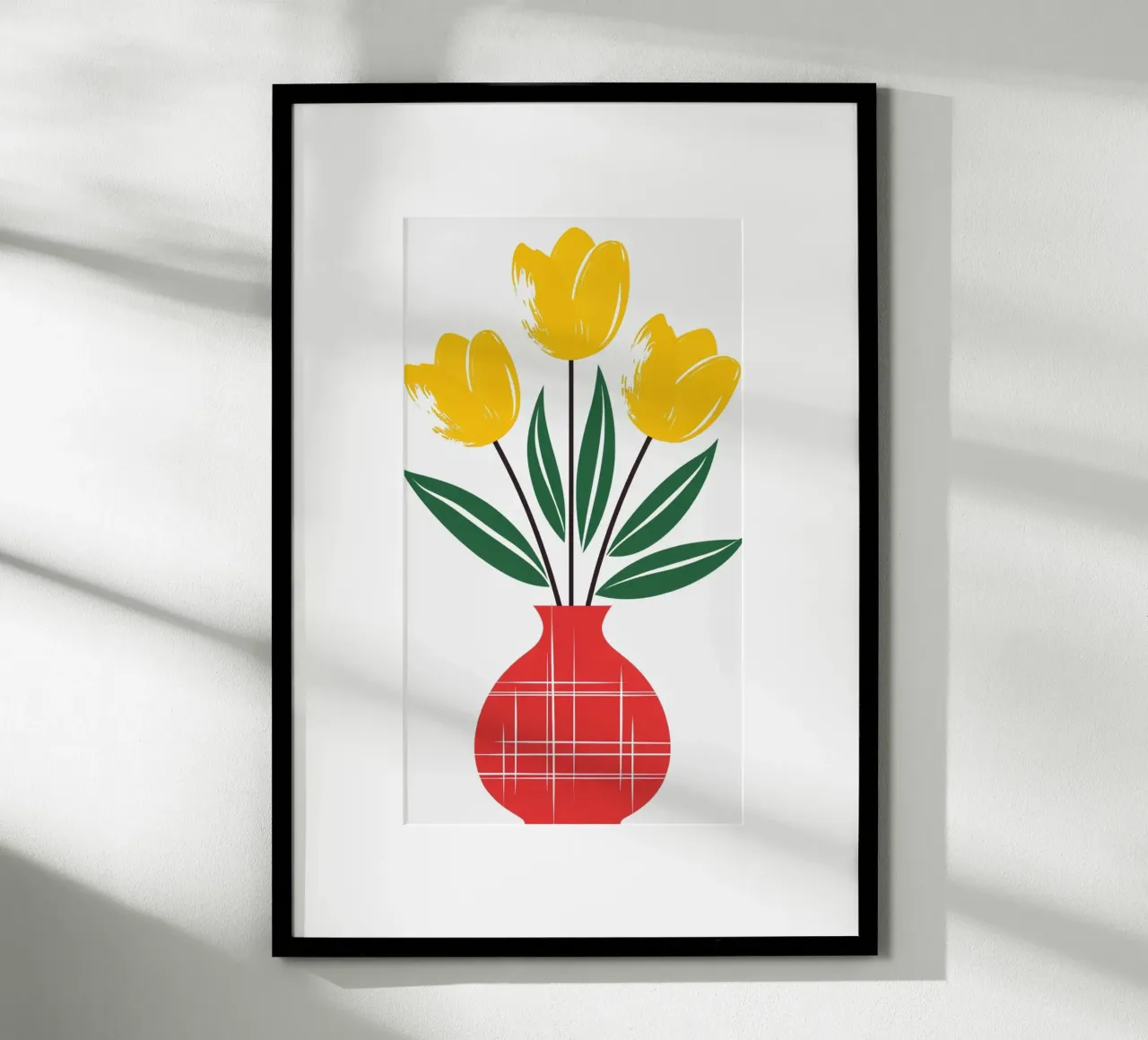 Tulipani gialli in un vaso a quadri rossi - Arte popolare moderna F poster da Artistic-shop