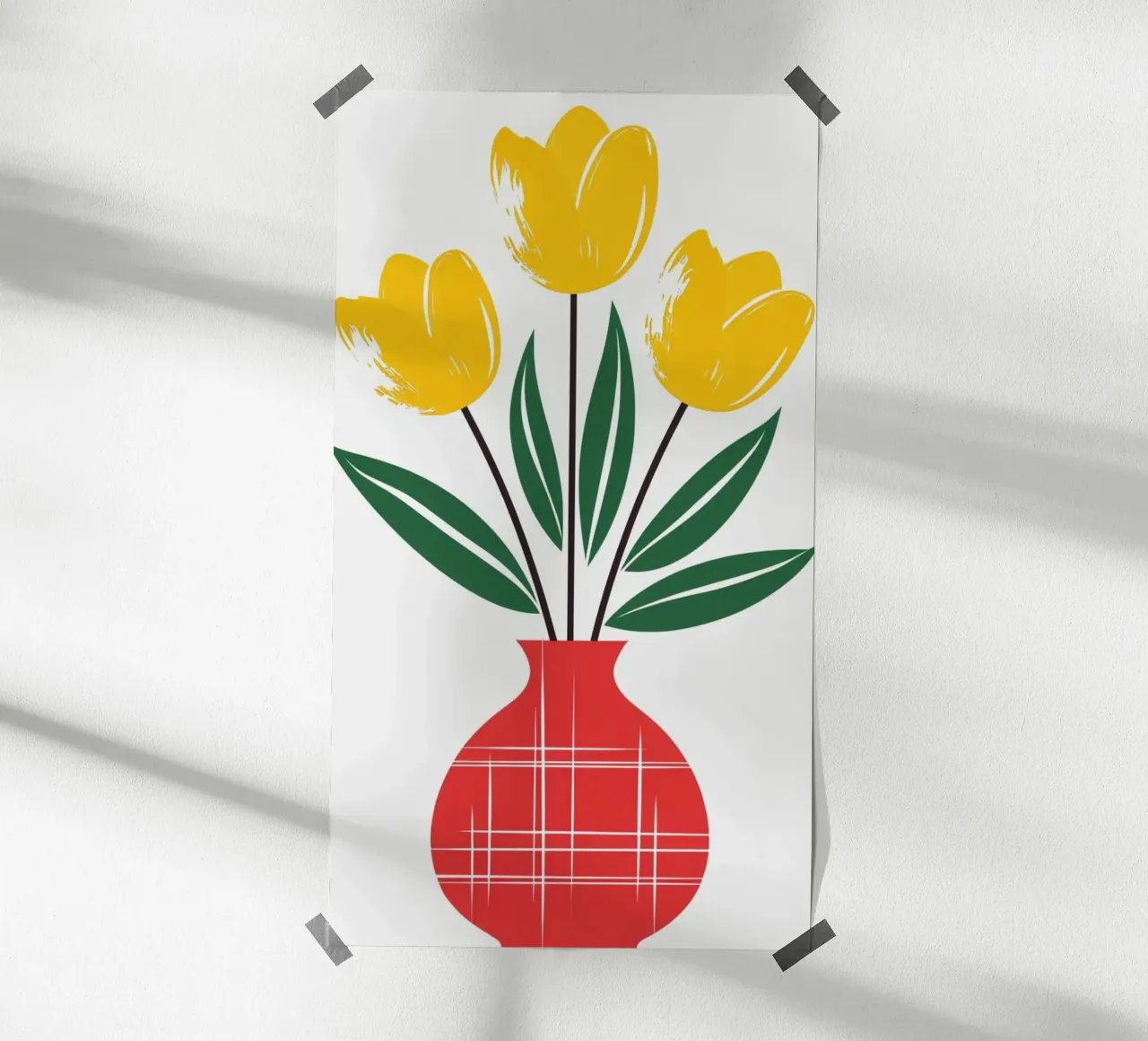 Tulipani gialli in un vaso a quadri rossi - Arte popolare moderna F poster da Artistic-shop