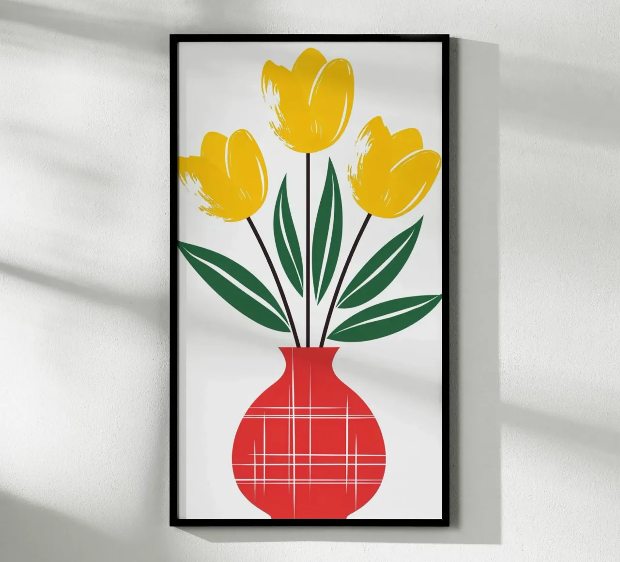 Tulipani gialli in un vaso a quadri rossi - Arte popolare moderna F poster da Artistic-shop