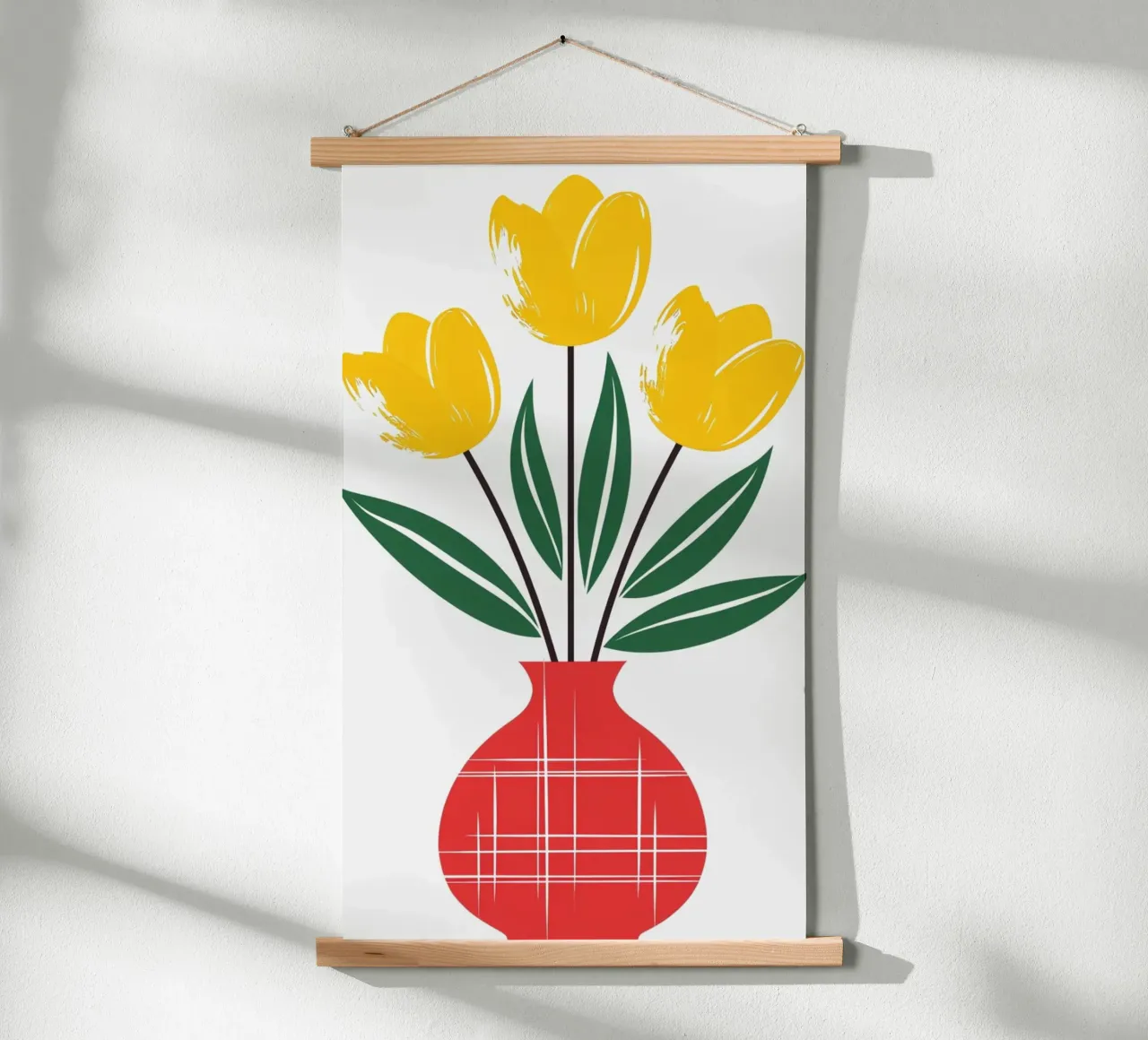 Tulipani gialli in un vaso a quadri rossi - Arte popolare moderna F poster da Artistic-shop