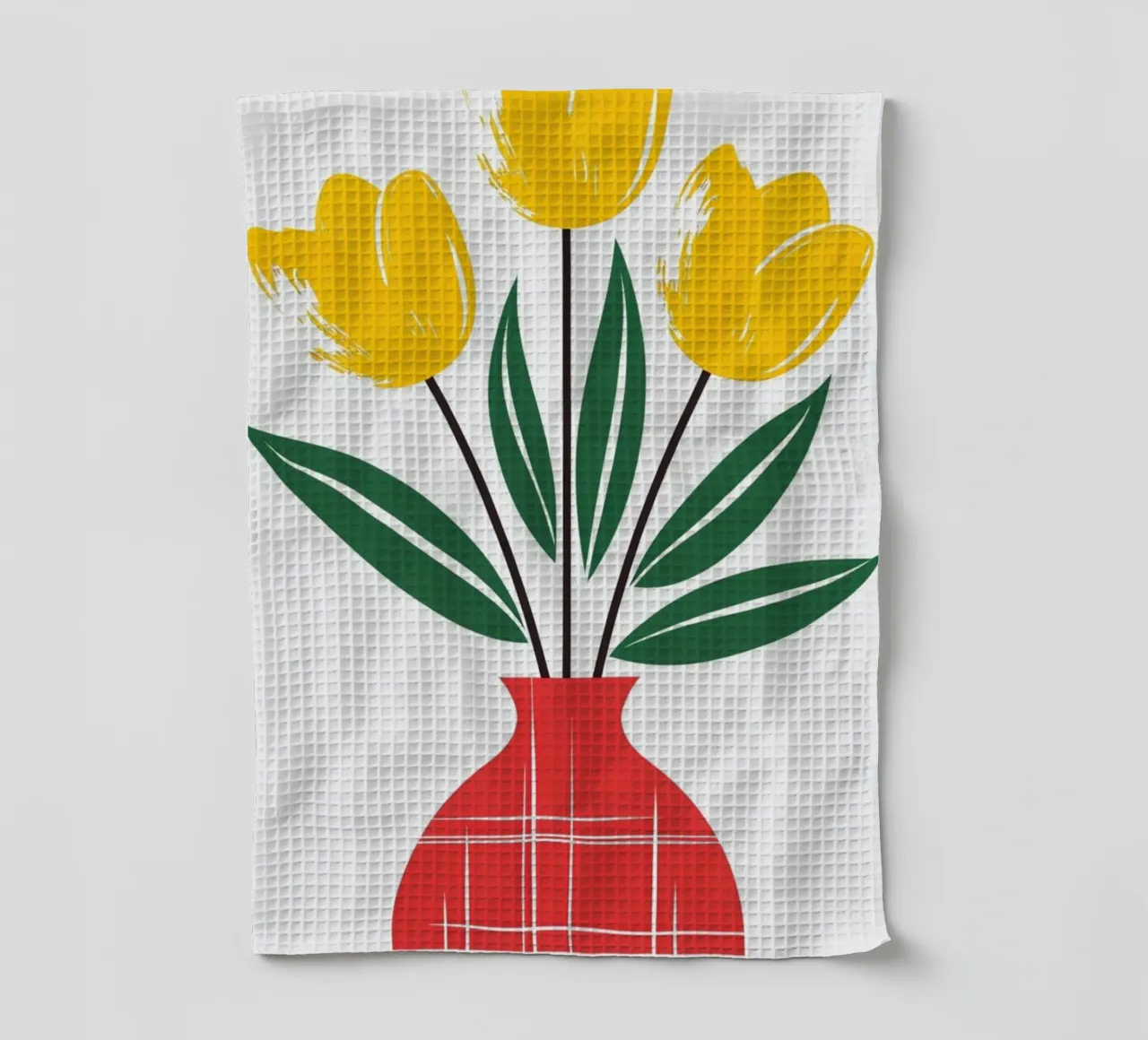 Tulipes jaune vif dans un vase à carreaux rouges - Modern Folk Art F torchon de Artistic-shop