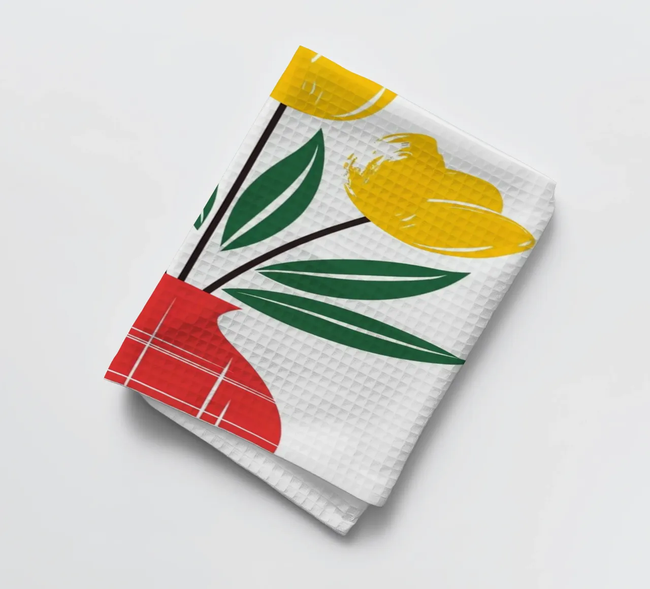 Tulipes jaune vif dans un vase à carreaux rouges - Modern Folk Art F torchon de Artistic-shop
