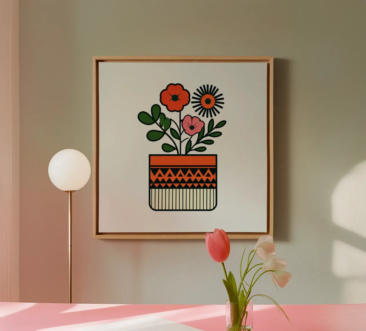 Mid-Century Modern Floral Pot with Abstract Scandinavian Fol canvas with Floater frame by Artistic-shop