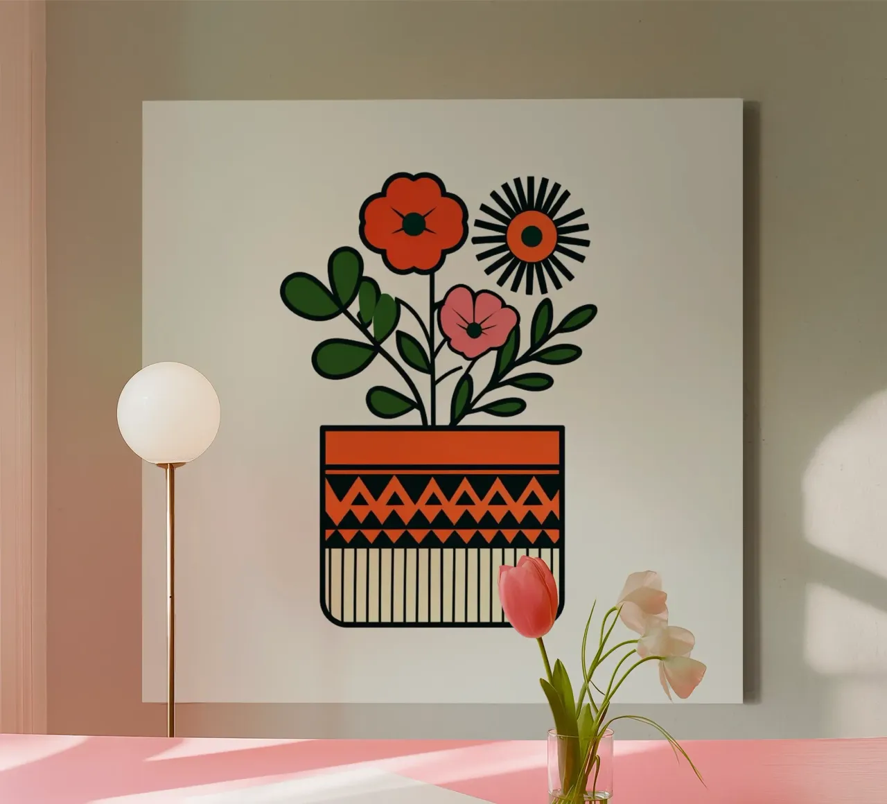 Mid-Century Modern Floral Pot with Abstract Scandinavian Fol canvas with Floater frame by Artistic-shop