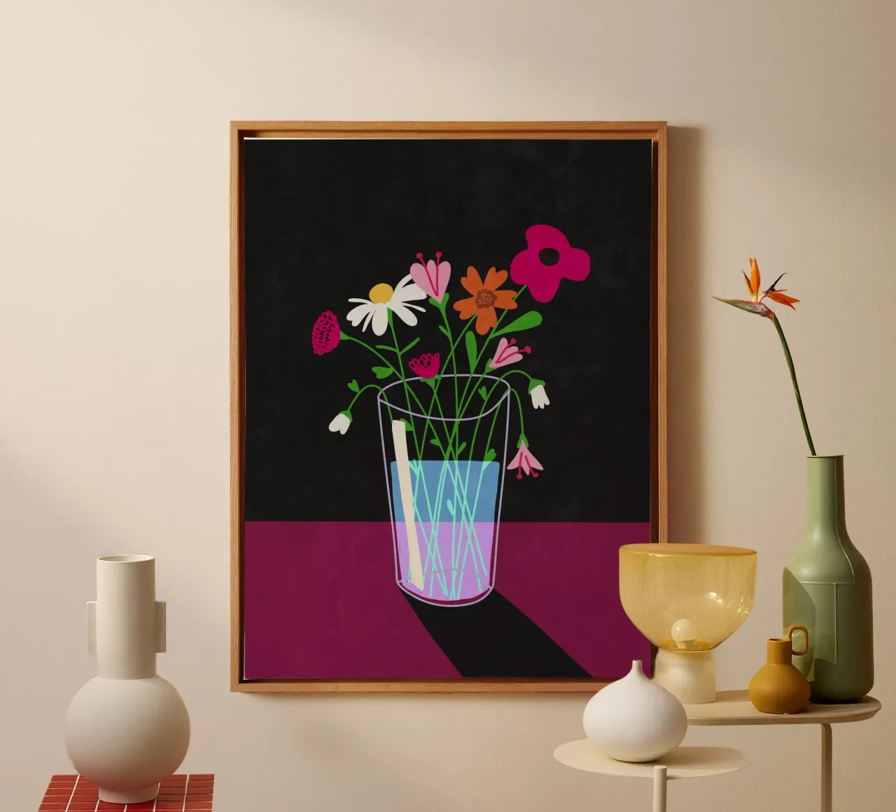 Blumen leuchten im Dunkeln Leinwand mit Schattenfugenrahmen von Raissa Oltmanns