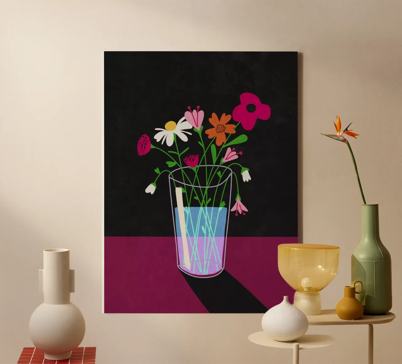 Blumen leuchten im Dunkeln Leinwand mit Schattenfugenrahmen von Raissa Oltmanns