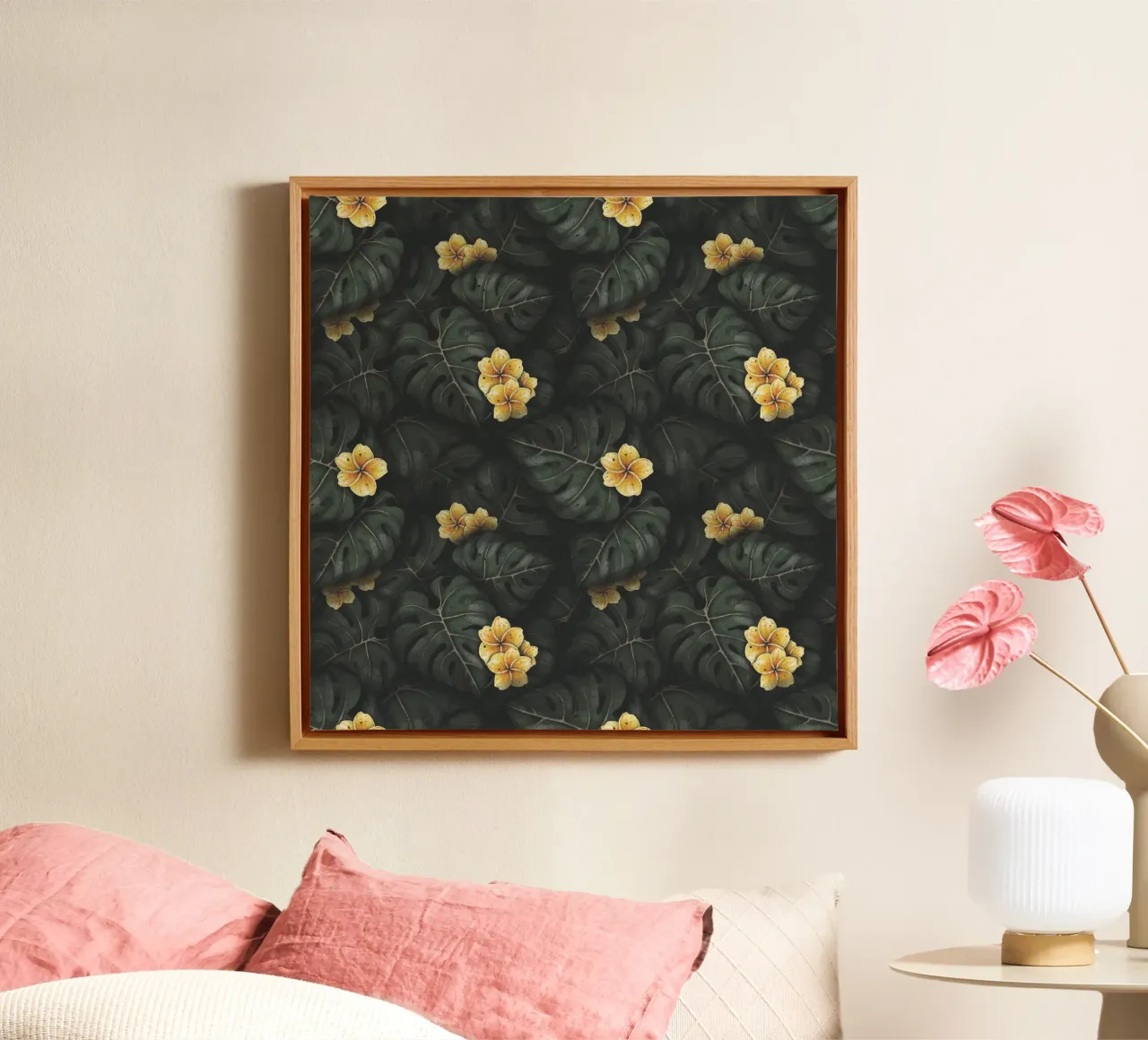 Illustrazione di Monstera e Frangipani Tropisches Design tela con Cornice a cassetta da Stella-Illustrations