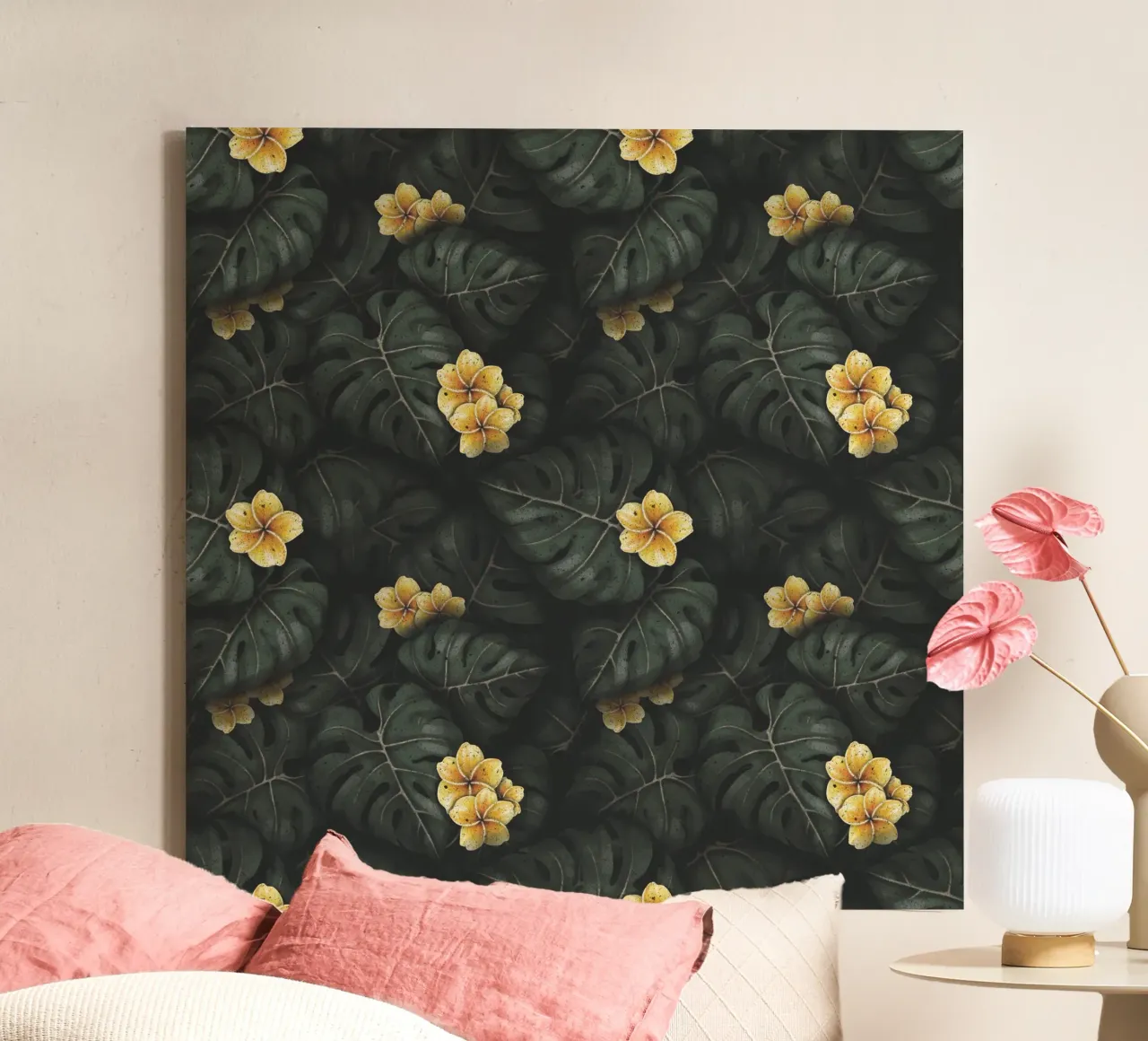 Illustrazione di Monstera e Frangipani Tropisches Design tela con Cornice a cassetta da Stella-Illustrations