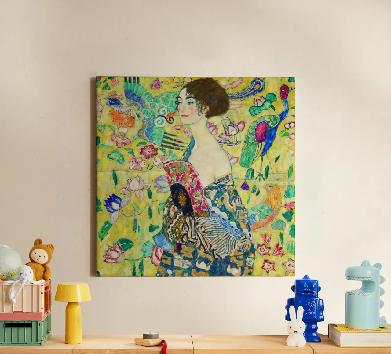 Gustav Klimt - Dame met waaier canvas met Baklijst van Jolie Prints