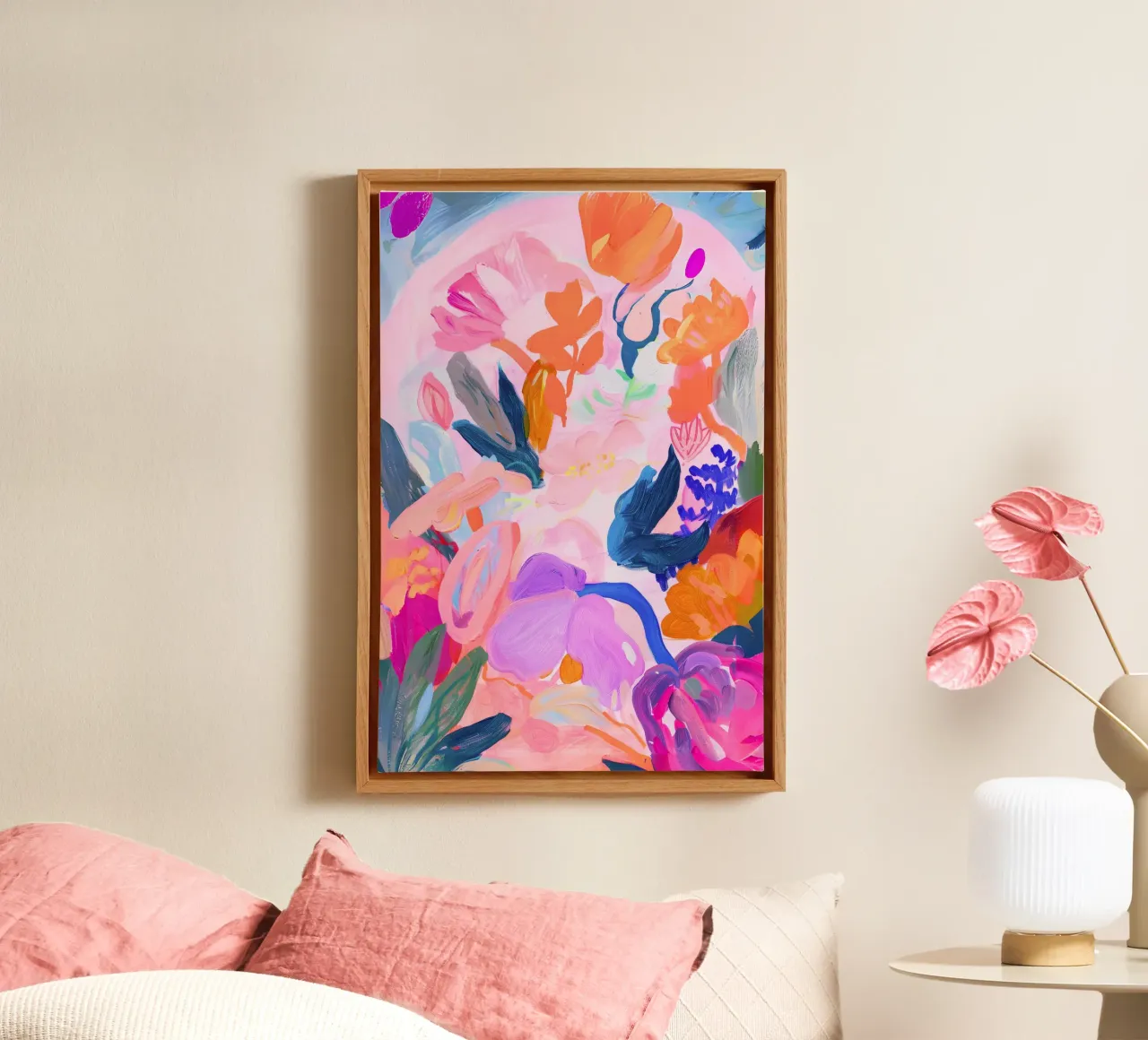 Bloemen Poster, Abstract Bloemen Kleurrijke Kunst Botanische Print canvas met Baklijst van Boheme