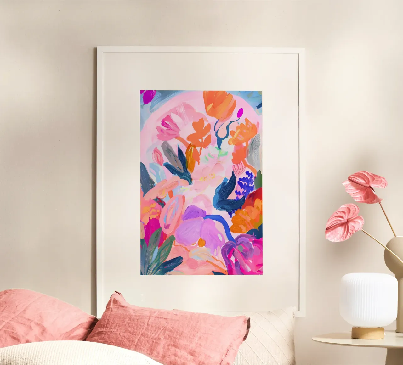 Bloemen Poster, Abstract Bloemen Kleurrijke Kunst Botanische Print poster met aluminium frame van Boheme