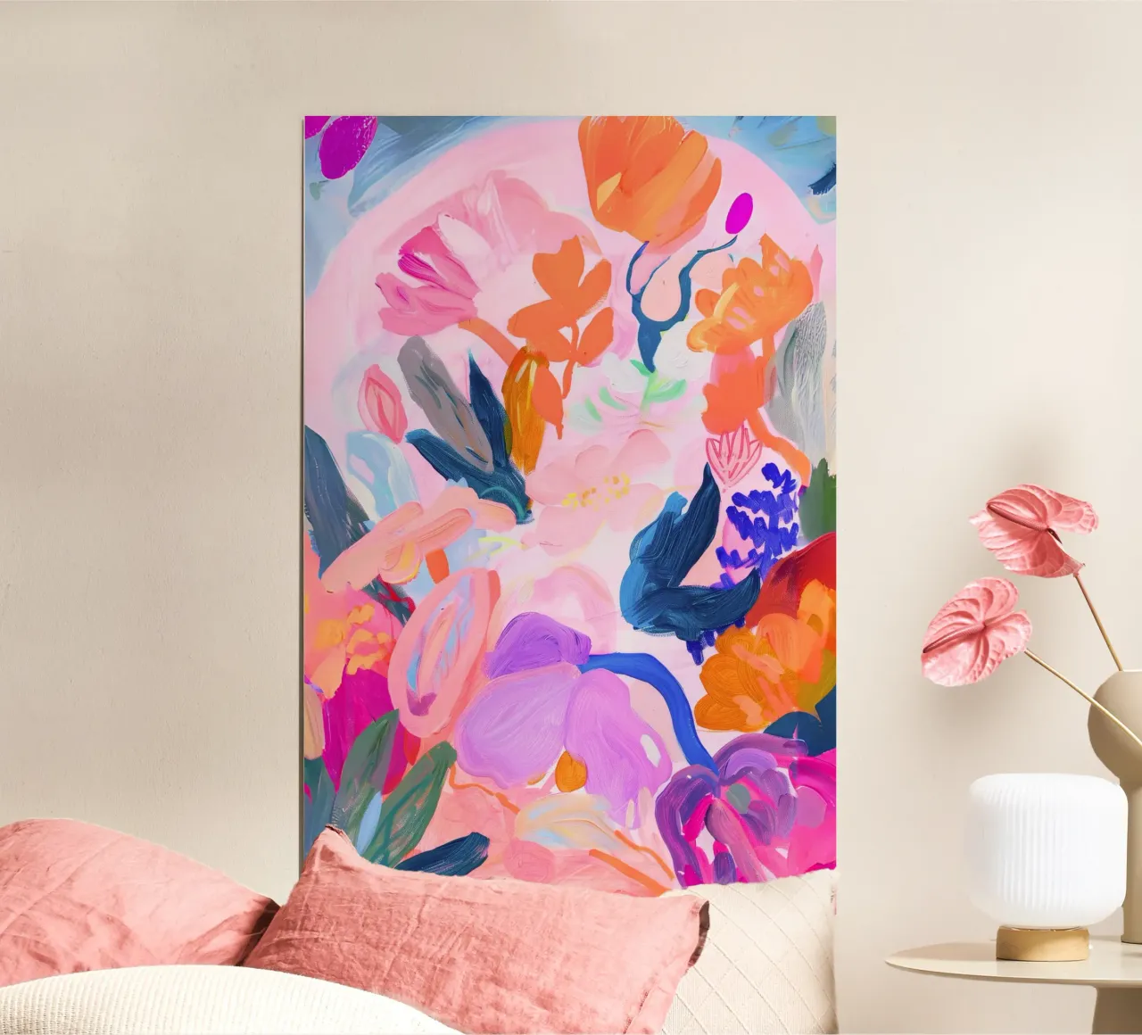 Bloemen Poster, Abstract Bloemen Kleurrijke Kunst Botanische Print poster met aluminium frame van Boheme