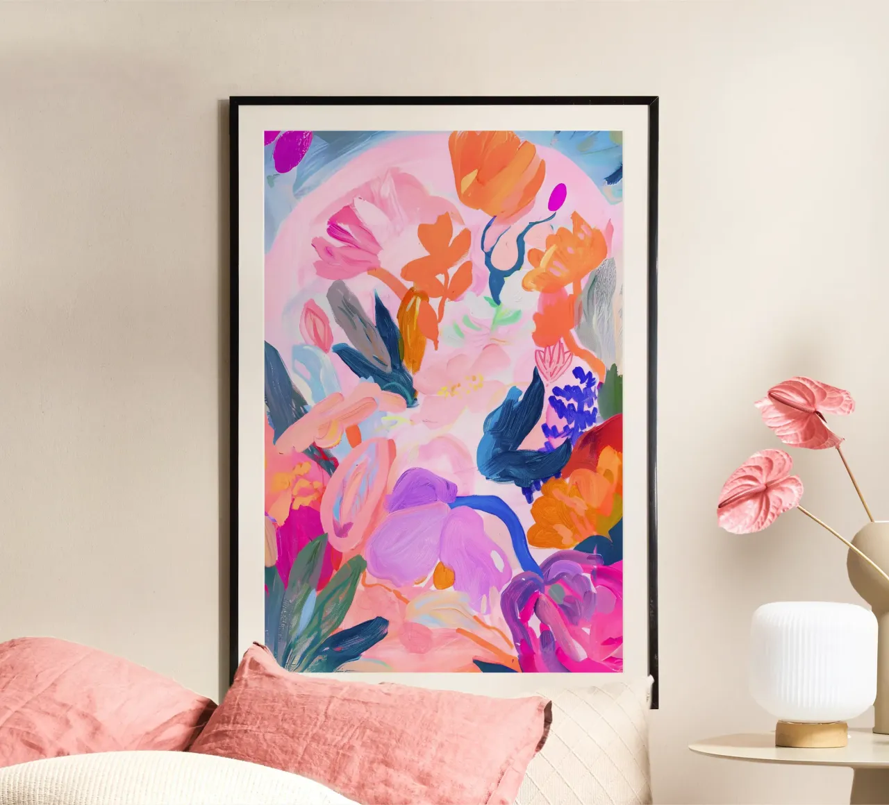 Bloemen Poster, Abstract Bloemen Kleurrijke Kunst Botanische Print poster met aluminium frame van Boheme