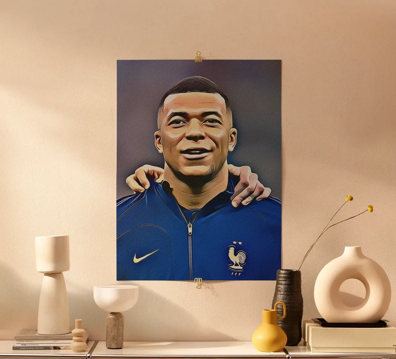 Kylian Mbappé con la maglia della Nazionale francese poster con telaio in alluminio da dan band