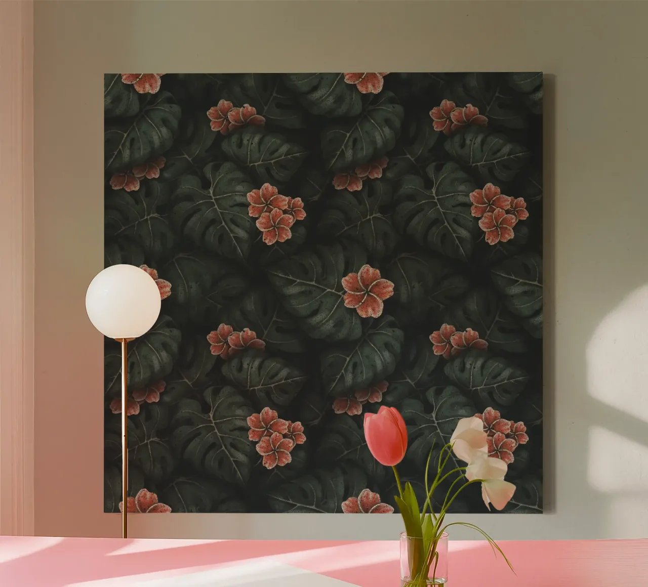 Illustrazione di Monstera e Frangipani Design botanico tropicale tela con Cornice a cassetta da Stella-Illustrations