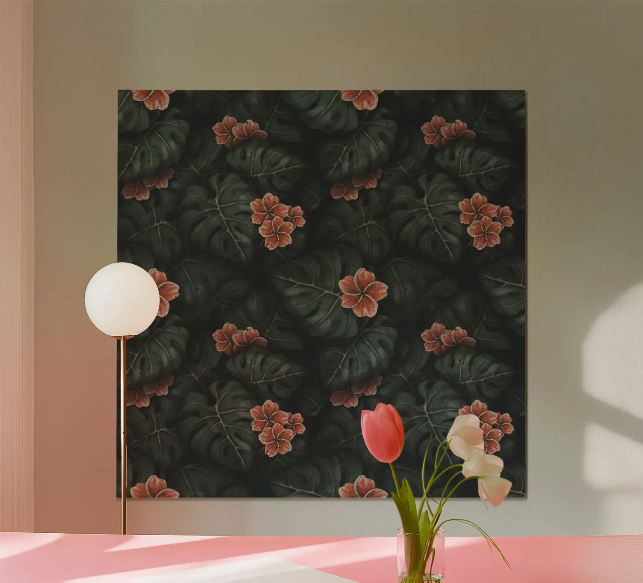 Illustrazione di Monstera e Frangipani Design botanico tropicale poster con telaio in alluminio da Stella-Illustrations