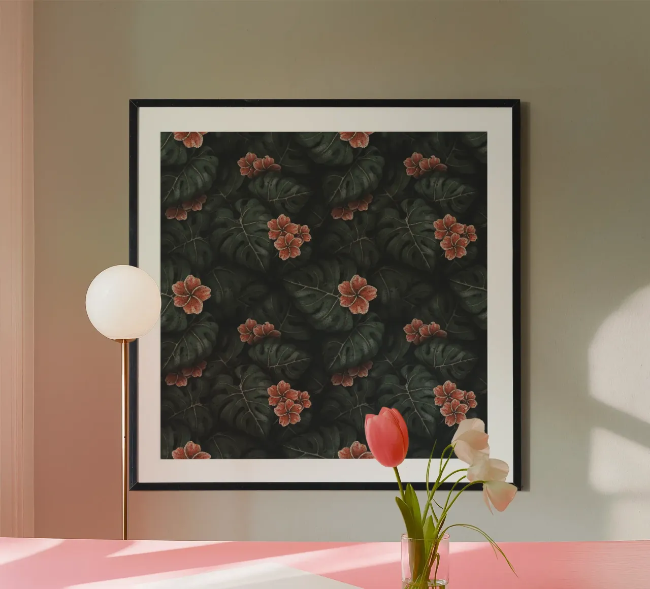 Illustrazione di Monstera e Frangipani Design botanico tropicale poster con telaio in alluminio da Stella-Illustrations
