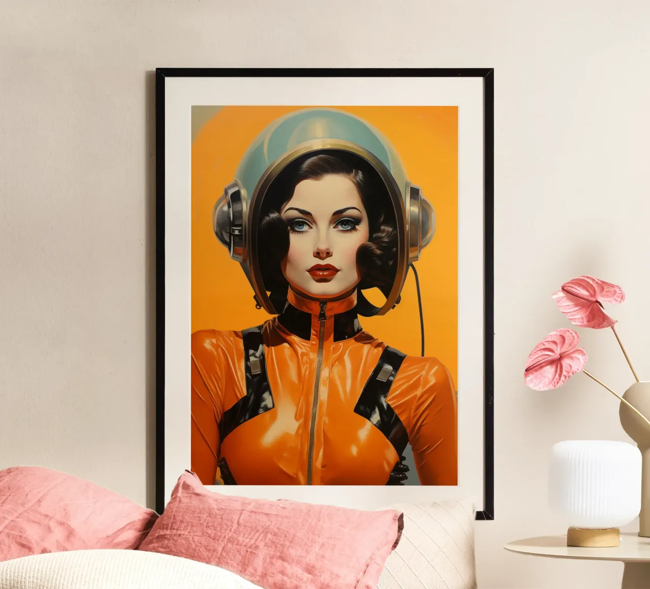 Retro Scifi Space Girl poster con telaio in legno da Fleur de Lys
