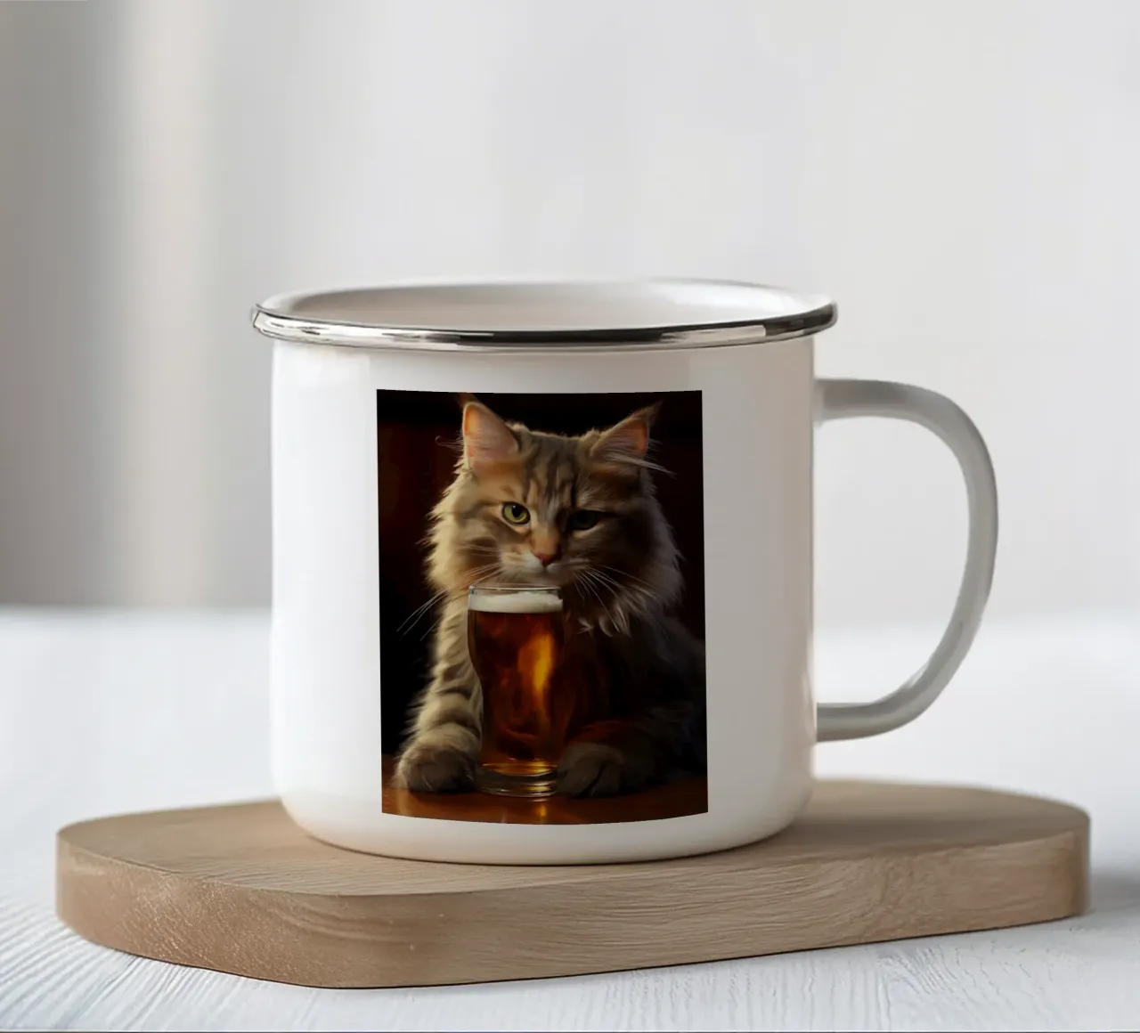 Il gatto beve birra tazza in smalto da Fleur de Lys