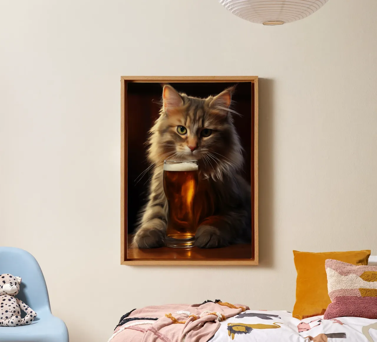 Cat Drinks Beer canvas with Floater frame by Fleur de Lys