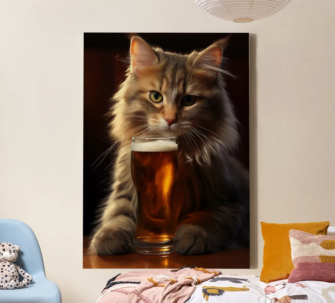 Cat Drinks Beer canvas with Floater frame by Fleur de Lys