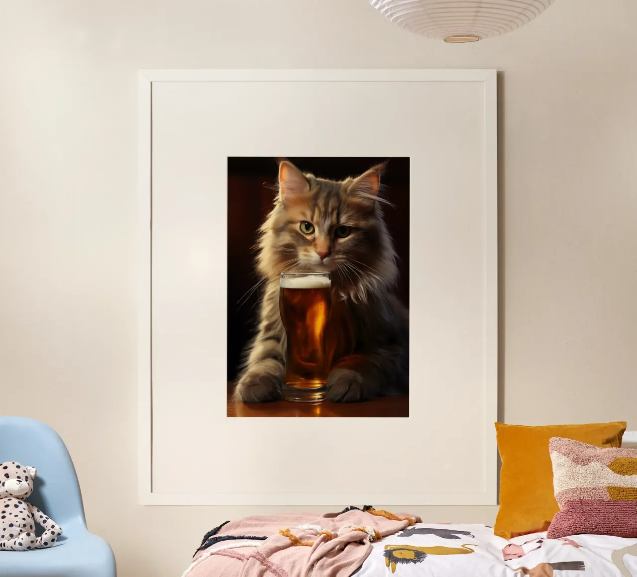 Il gatto beve birra poster con telaio in plastica da Fleur de Lys