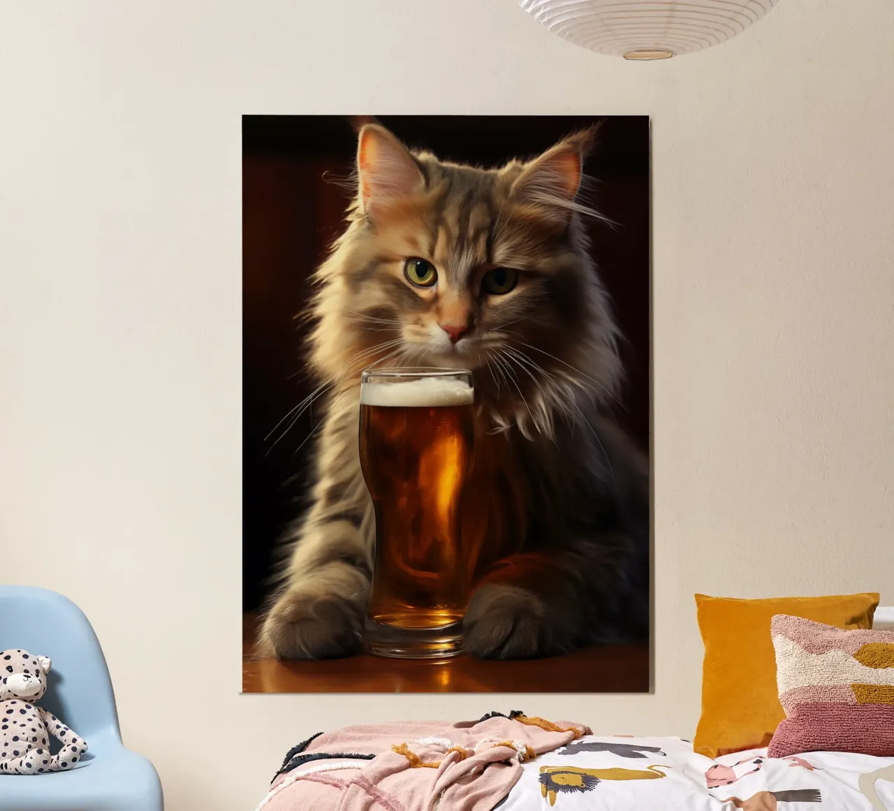 Il gatto beve birra poster con telaio in plastica da Fleur de Lys
