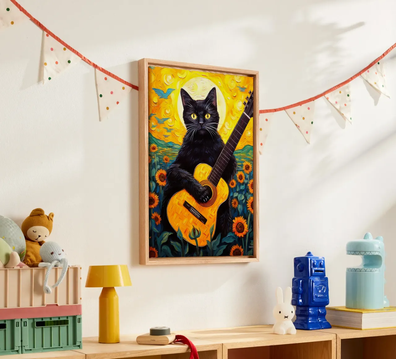 Il gatto suona la chitarra tela con Cornice a cassetta da Fleur de Lys