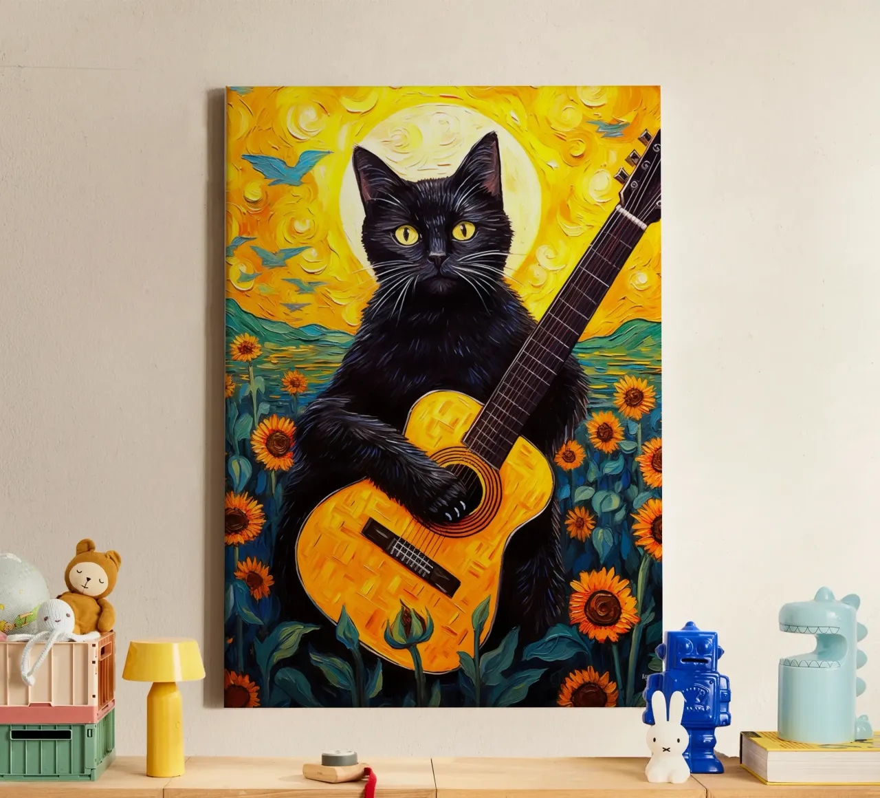 Il gatto suona la chitarra tela con Cornice a cassetta da Fleur de Lys