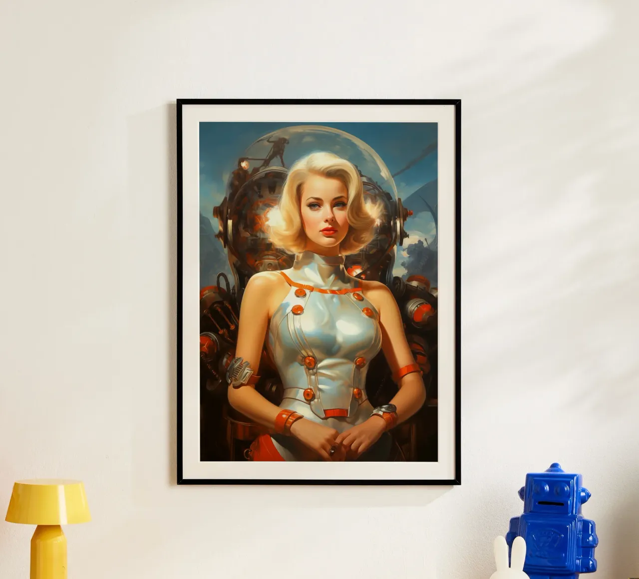 Retro Scifi Space Girl poster con telaio in legno da Fleur de Lys
