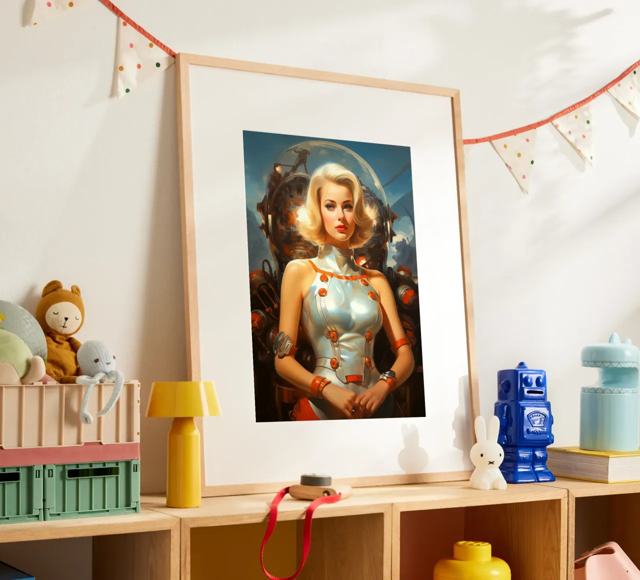 Retro Scifi Space Girl poster con telaio in legno da Fleur de Lys
