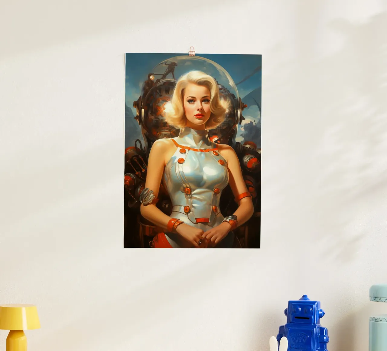 Retro Scifi Space Girl poster con telaio in legno da Fleur de Lys