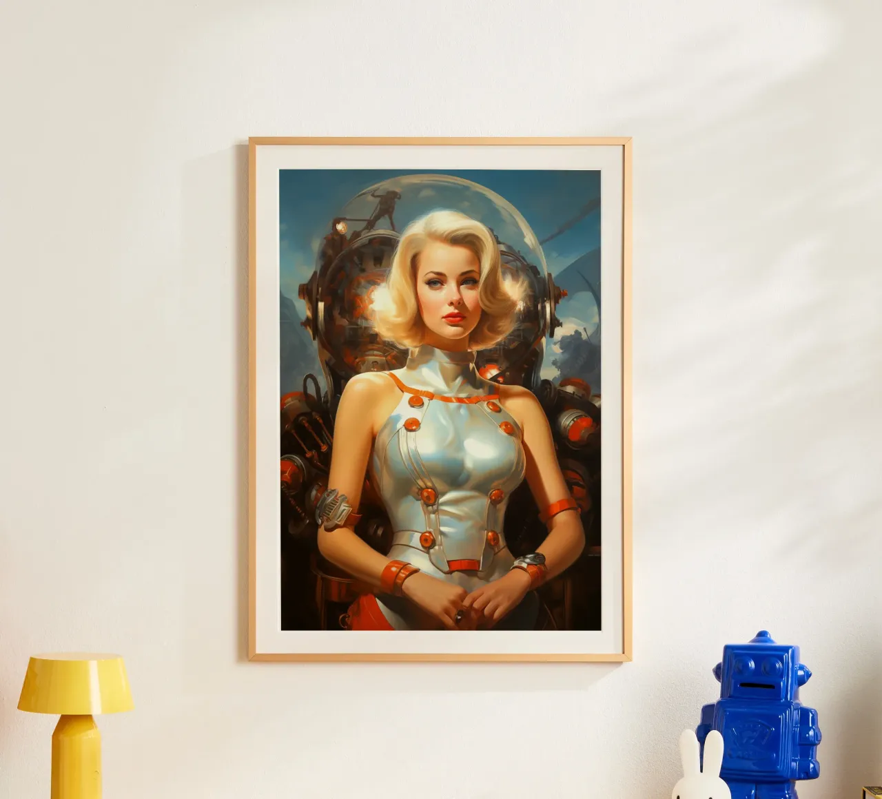 Retro Scifi Space Girl poster con telaio in legno da Fleur de Lys